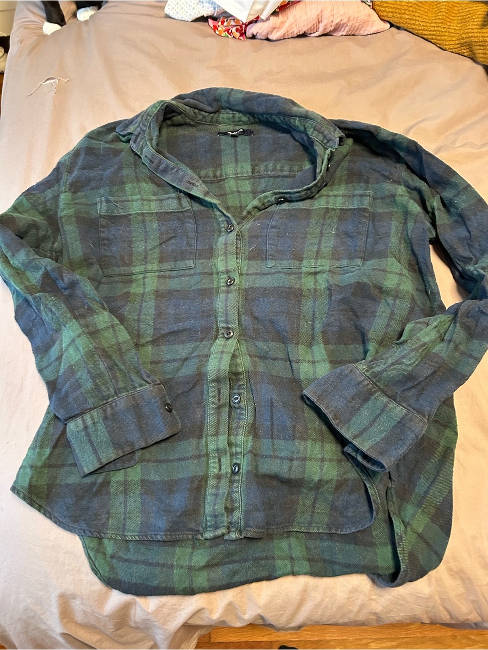 Madewell Men's Navy and Green Plaid Button-Down Shirt